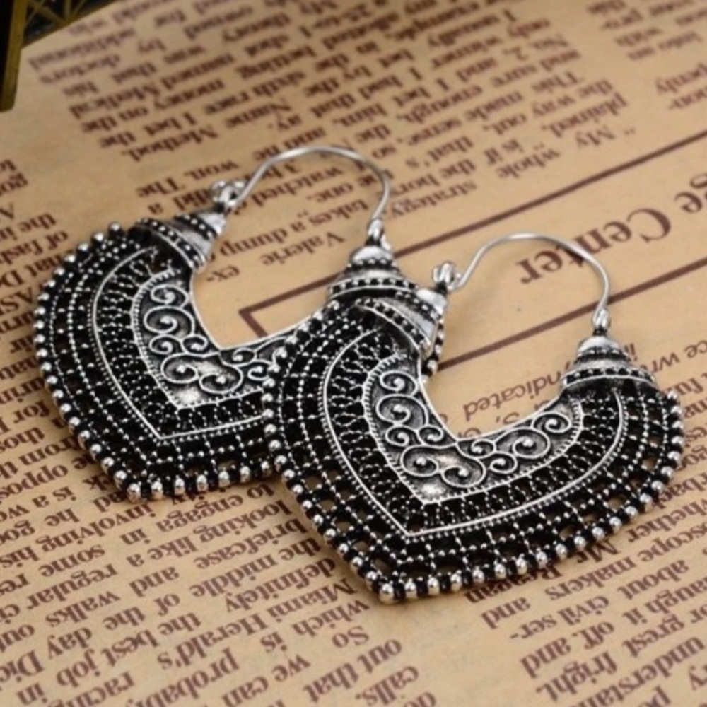 Rustic Silver Heart Shaped Tribal Drop Earrings